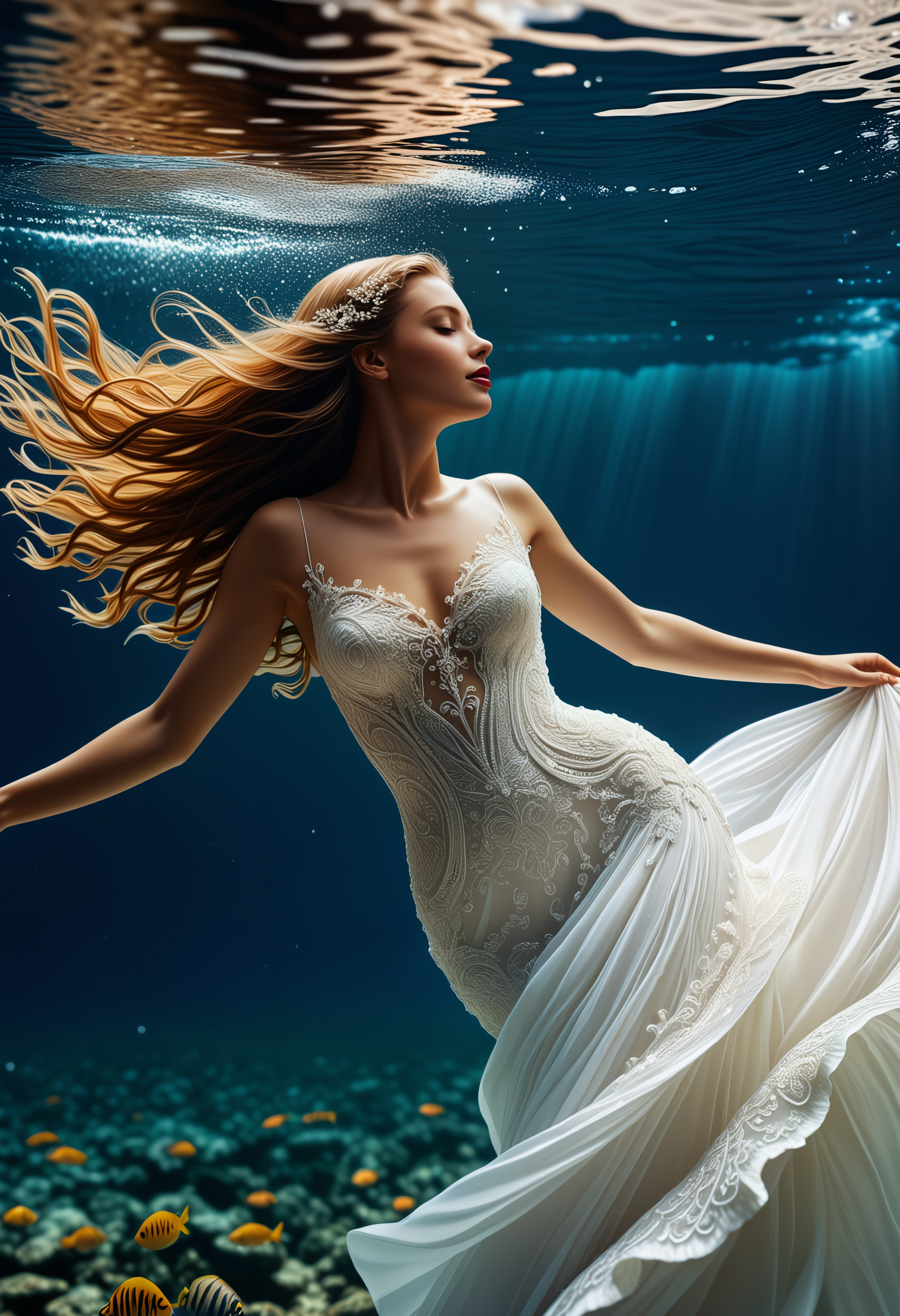 Capture the ethereal beauty of a bride swimming gracefully underwater, viewed from below the surface. The bride, dressed in an elegant, flowing white gown, moves with a fluid grace reminiscent of a mermaid. The fabric of her gown billows around her like a cloud, illuminated by soft rays of sunlight filtering through the water. The intricate lace details of her dress shimmer in the aquatic light, adding a touch of delicacy and sophistication to the scene. Her hair, adorned with delicate pearls and shimmering crystals, flows around her like a silken veil, creating a mesmerizing halo of beauty. The bride's serene expression exudes a sense of peace and tranquility as she glides effortlessly through the crystal-clear water, surrounded by a school of colorful, tropical fish that dart playfully around her, adding a whimsical touch to the enchanting underwater tableau.
<lora:detailed_notrigger:0.8>, BREAK, great composition, UHD, 8K, 32k,