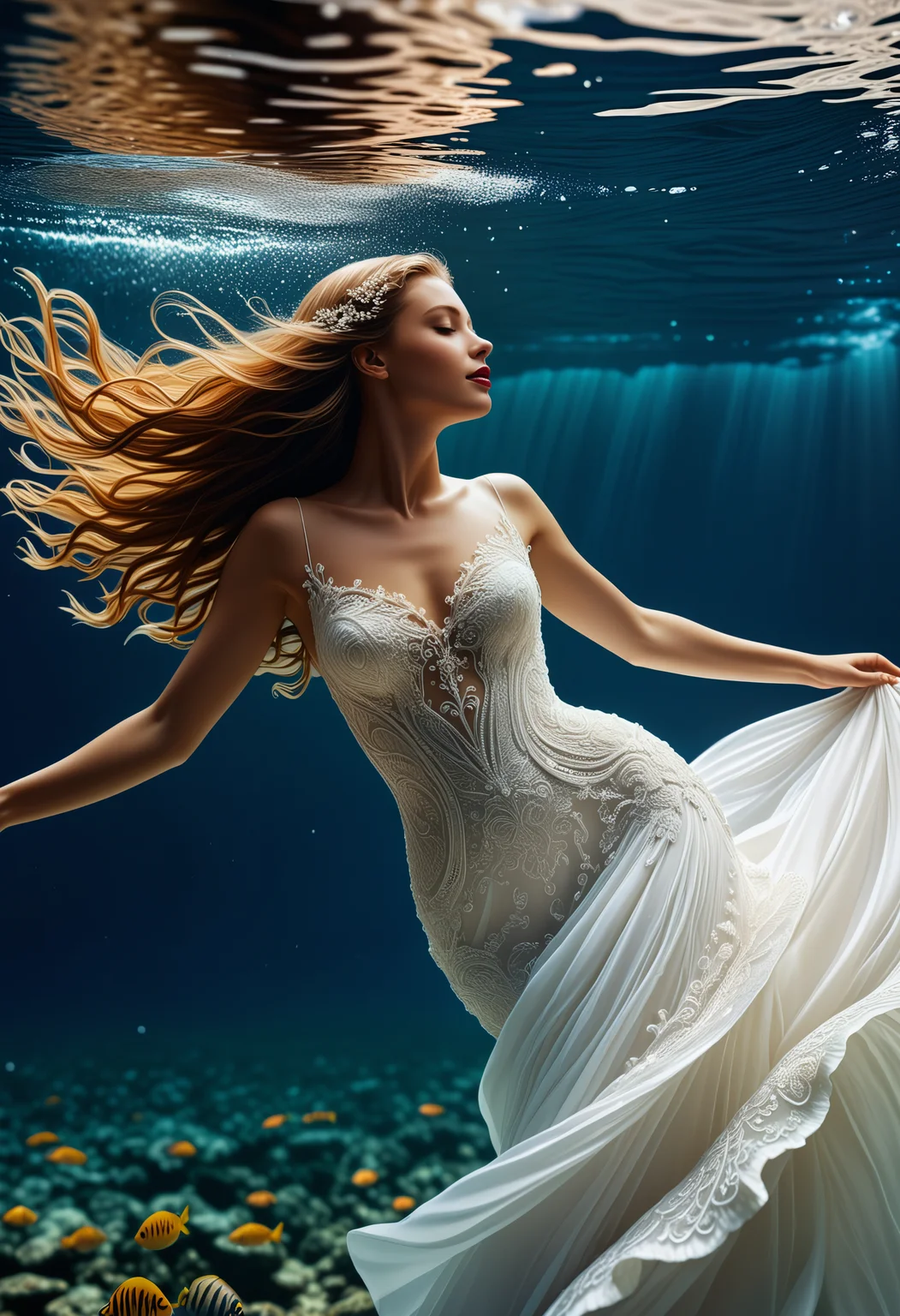 Capture the ethereal beauty of a bride swimming gracefully underwater, viewed from below the surface. The bride, dressed in an elegant, flowing white gown, moves with a fluid grace reminiscent of a mermaid. The fabric of her gown billows around her like a cloud, illuminated by soft rays of sunlight filtering through the water. The intricate lace details of her dress shimmer in the aquatic light, adding a touch of delicacy and sophistication to the scene. Her hair, adorned with delicate pearls and shimmering crystals, flows around her like a silken veil, creating a mesmerizing halo of beauty. The bride's serene expression exudes a sense of peace and tranquility as she glides effortlessly through the crystal-clear water, surrounded by a school of colorful, tropical fish that dart playfully around her, adding a whimsical touch to the enchanting underwater tableau.
<lora:detailed_notrigger:0.8>, BREAK, great composition, UHD, 8K, 32k,