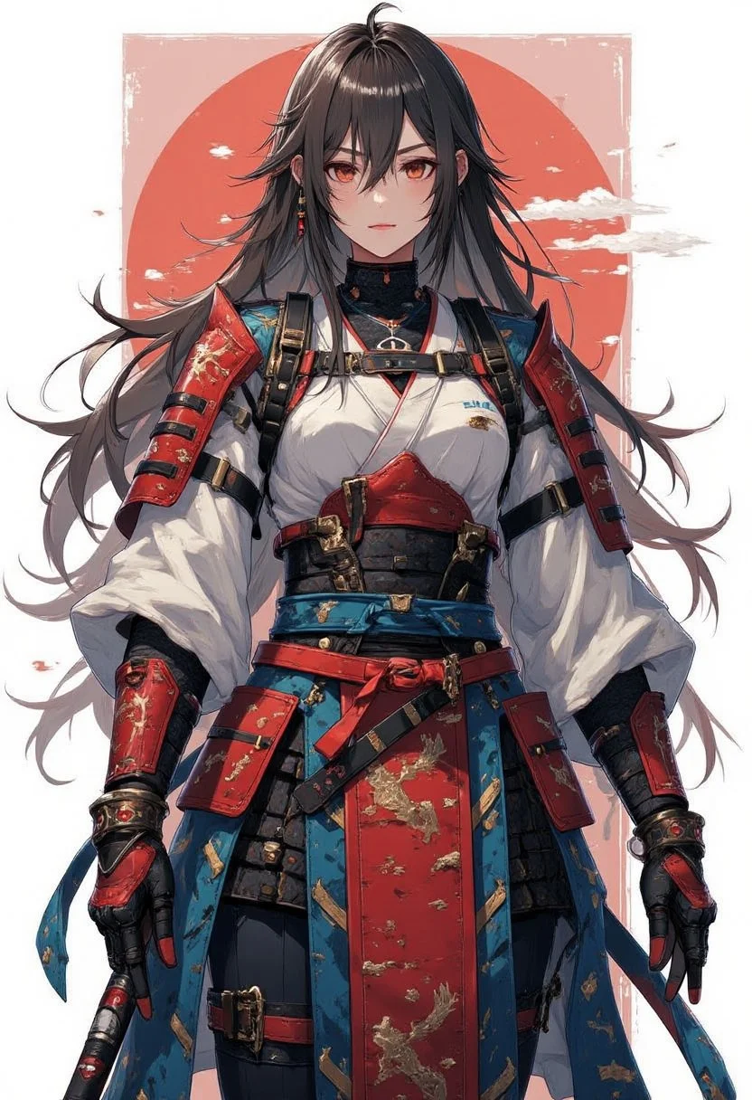 concept art, fda77, portrait of a stunning japanese samurai woman, long hair, bangs, sidelocks, red and blue traditional leather armour