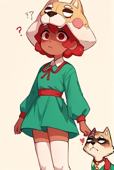 score_9, score_8_up, score_7_up, <lora:shinita:1> shinita , 1 girl , dark-skinned female, red hair, no pupils, green dress, long sleeves, white thighhighs, red ribbon, shaded face, ,dog headwear , confused, looking at viewer, randoseru, heart, <lora:SyrupyyyArt:1>syrupyyy