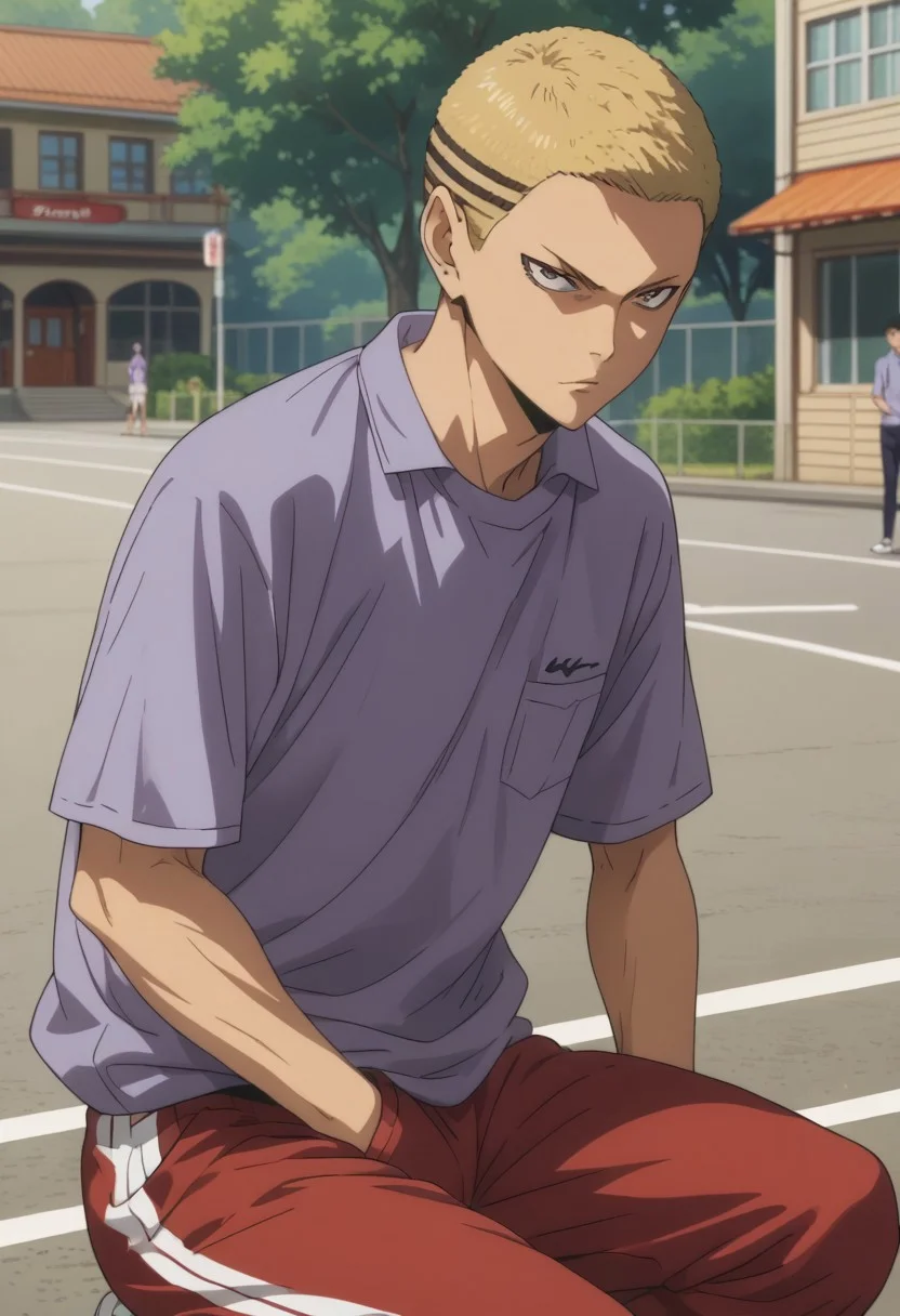 score_9, score_8_up, score_7_up, source_anime, rating_safe, Kenaikyu, 1boy, male focus, anime screencap, blonde buzz cut, grey-purple shirt, red track pants, slouching, hands in pocket, cut off legs, outdoor campus entrance, blurry gate, trees, building,