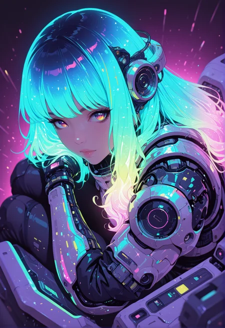 <lora:ck-shadow-circuit-IL:0.78>,
masterpiece, best quality, good quality, very aesthetic, absurdres, newest, 8K, depth of field, focused subject,
dynamic angle, from above, almost side view, wabi sabi, 1girl, holographic, holofoil glitter, faint, glowing, ethereal, neon hair, glowing hair, long hair, looking at viewer, relaxing, sci-fi
<lora:MoriiMee_Gothic_Niji_Style_Illustrious_r1:0.45>
<lora:ck-nc-cyberpunk-IL-000011:0.4>
<lora:ck-neon-retrowave-IL:0.8>