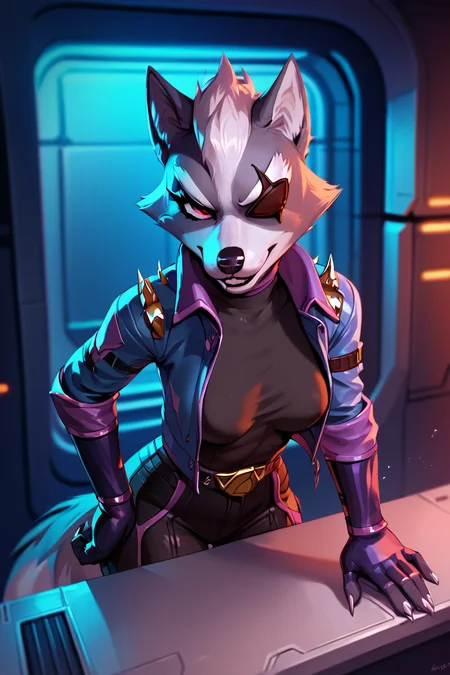 score_9, score_8_up, score_7_up,  <lora:Wolf_ODonnell:1> 1girl, wolf o'donnell, in spaceship, medium breasts, eyeliner, female furry,