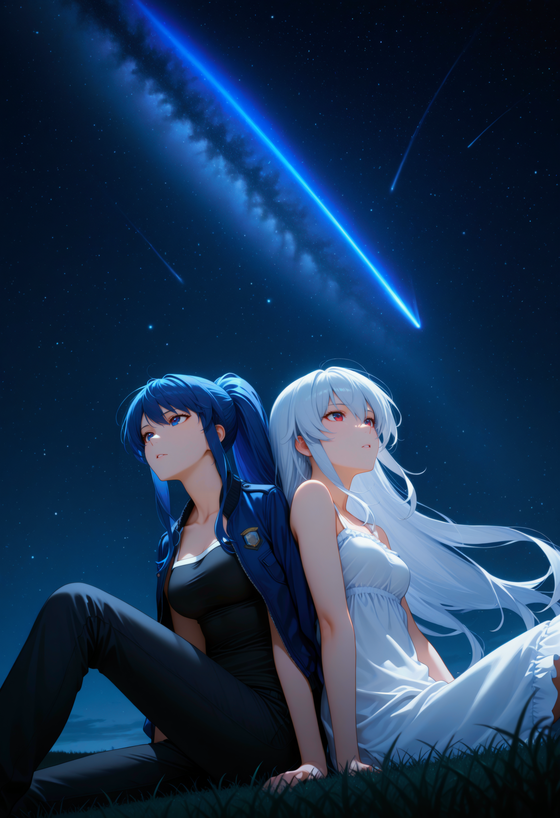 2girls, back-to-back, looking up, from side, sitting, leaning on person, wind,
night, grass, from below, milky way, comet, 
very awa, masterpiece, best quality, highres, absurdres
 ADDCOMM
<lora:Char_KusakabeAsako:1>,blue eyes, blue hair, long hair, high ponytail, sidelocks, black camisole, white trim, collarbone, blue jacket, jacket on shoulders, emblem, black pants, denim,
ADDCOL 
<lora:Char_KazamiKazuki:1>, red eyes, white hair, long hair, hair between eyes, sidelocks, white dress, sundress, bare shoulders,, very awa, masterpiece, best quality, highres, absurdres
