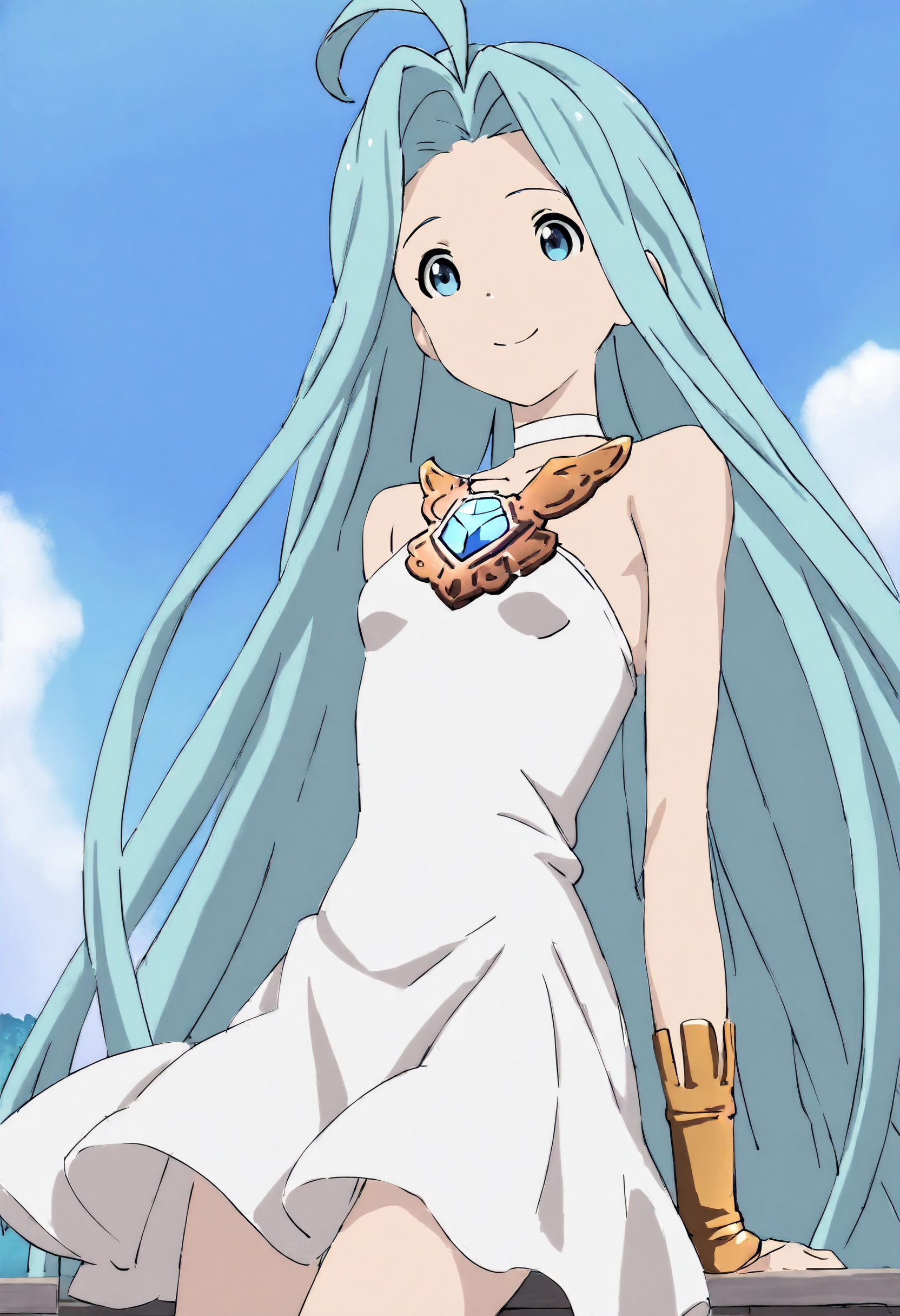 masterpiece, best quality, very aesthetic, absurdres, highly detailed, anime coloring, 
1girl, solo, smile,
lyria \(granblue fantasy\), very long hair, blue hair, ahoge, blue eyes, white choker, bare shoulders, skinny, small breasts, white dress,
blue sky, on deck,
<lora:Lyria_Granblue_Fantasy_Illustrious-XL:1>