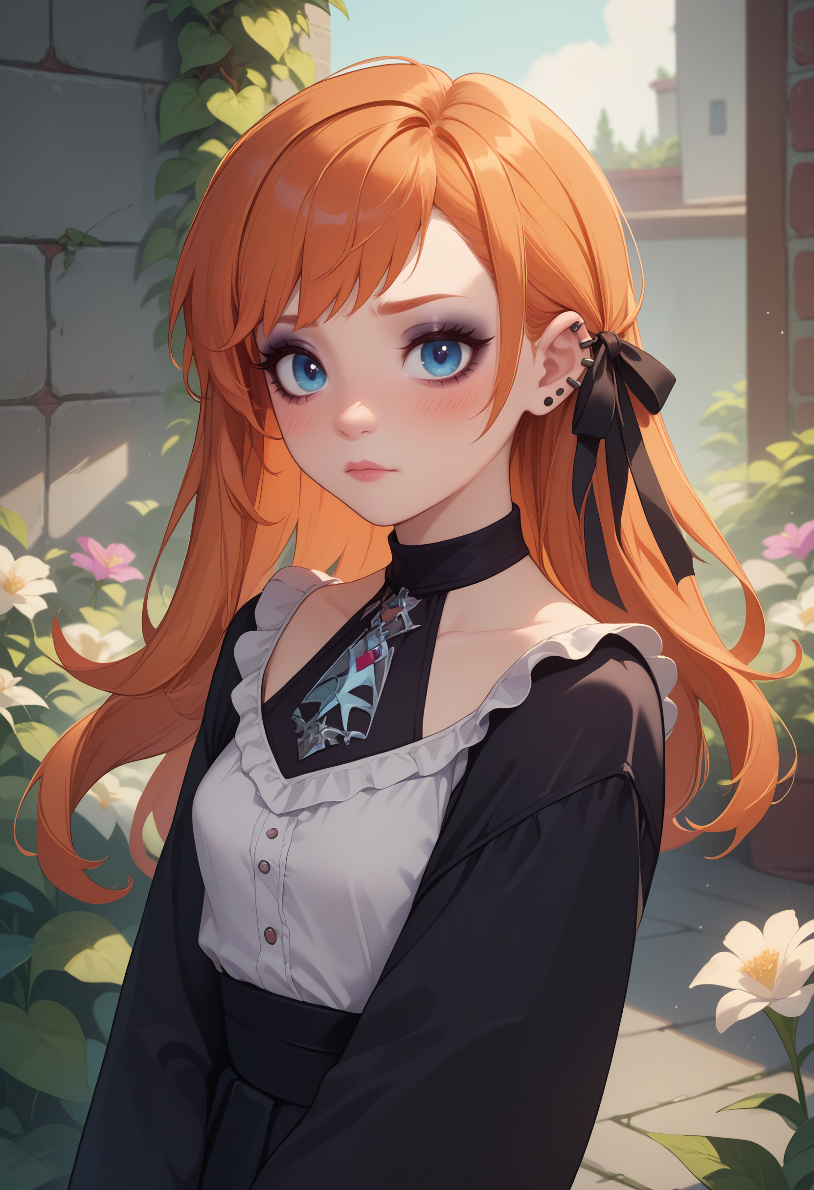 score_9, score_8_up, score_7_up BREAK pastel goth, <lora:ryne-pdxl-nvwls-v1:0.8> ryne, hair ribbon, orange hair, blue eyes, blushing, indoor garden