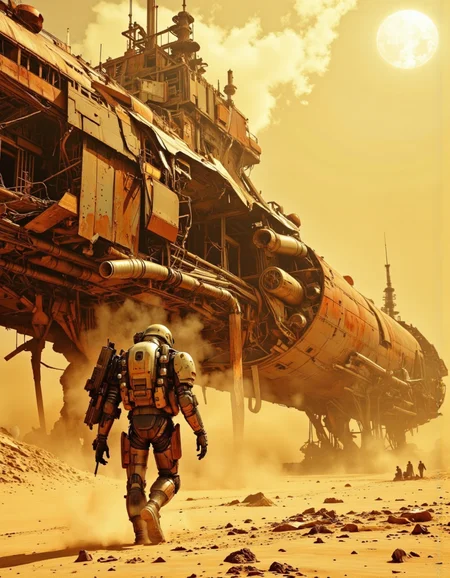 This is a high-resolution CGI image depicting a post-apocalyptic desert landscape under a hazy, golden-yellow sky. The foreground features a lone, armored figure walking away from the camera, dressed in a bulky, futuristic exoskeleton suit with multiple appendages and a helmet that covers most of the head. The suit is a blend of metallic and organic textures, with intricate details and worn patches. The figureâs footsteps kick up dust, adding to the desolate atmosphere.
Dominating the background is a massive, partially destroyed spaceship or space station, resembling an ancient, rusted behemoth. The ship's structure is a chaotic tangle of pipes, cables, and metal panels, some of which appear to be crumbling or missing. The ship's surface is a mix of dull, rusty reds and browns, contrasting with the bright, dusty sand below.
The sky is a gradient of yellow and orange, with a few wisps of cloud and a sun that casts a warm glow, creating a surreal, almost dreamlike quality. The overall color palette is dominated by earthy tones, with the exception of the bright, hazy sky. The scene evokes a sense of abandonment and decay, set against a vast, barren desert.