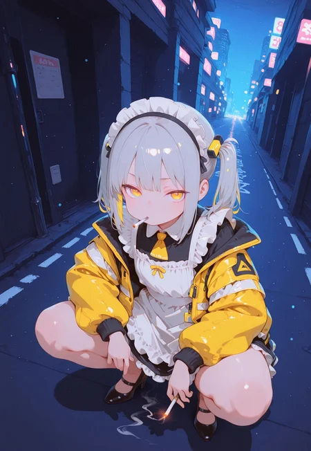 masterpiece, best quality,
1girl, solo, mature woman,
grey hair, long twintails, hair ornament, thick thighs, colored inner hair, flat chest,chubby, ((chubby thick legs)), no socks,
smoking cigarette, cigarette lighting,
slav_squatting, squatting,
dynamic view, neon rays, colorful, yellow adidas hazard jacket, maid apron,
black victorian long maid dress, pumps,
looking at viewer, focus on face, dutch angle, from above,
night, city alley, neons,
(fisheye lens), depth of field, bokeh, bloom, action shot, backlighting,
S4bit4mago_illu, detailed, h4ra_illu, momosp,