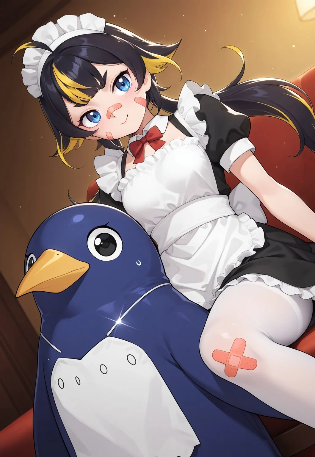 Smooth Quality, highres, hi res, best quality, masterpiece, intricate details, absurdres, 8k, (official art, anime screencap:1.1), glitter, depth of field, pinup, Glamor,
BREAK
BREAK
Indoors, military ship,
dutch angle, 
1girl, black hair, yellow hair, multicolored hair, twintails,Long hair, blue eyes, Nose Band-Aid,
maid, maid apron, maid headdress, puffy sleeves, pantyhose,
sitting, prinny,
small breast,