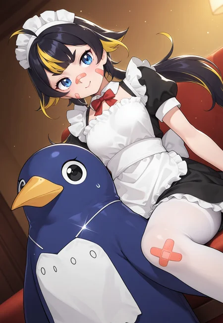 Smooth Quality, highres, hi res, best quality, masterpiece, intricate details, absurdres, 8k, (official art, anime screencap:1.1), glitter, depth of field, pinup, Glamor,
BREAK
BREAK
Indoors, military ship,
dutch angle,
1girl, black hair, yellow hair, multicolored hair, twintails,Long hair, blue eyes, Nose Band-Aid,
maid, maid apron, maid headdress, puffy sleeves, pantyhose,
sitting, prinny,
small breast,