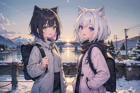 (masterpiece), (2girls:1.2), black hair, silver hair, medium hair, short hair, multicolored hair, yellow eyes, purple eyes, medium breasts, winter, casual, cat ears, smile, open mouth, backpack, scenery