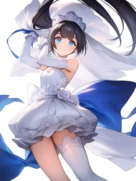1girl,single thighhigh,solo,yingcao,white background,simple background,,smile,blue eyes,(lee hyeseung:0.5),black hair,wedding_dress,<lora:yingcao-000012:0.9>, masterpiece, best quality, very aesthetic, absurdres
