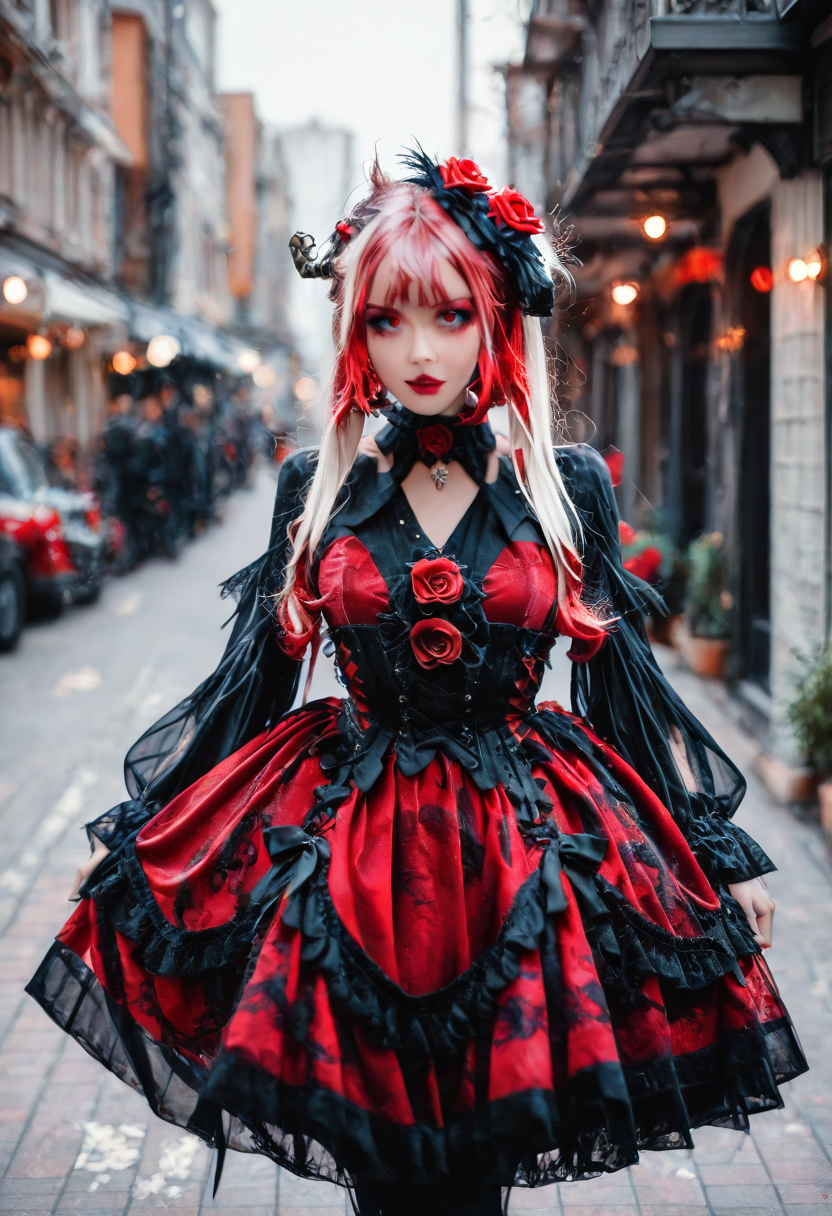 <lora:Illustrious_Realistic_Fashion_Collection_-_Gothic_Lita:1> girl wearing a gothic fashion dress, on the street, black and red dress with roses, subsurface scathering, depth of field, skin pores, detailed skin, masterpiece, best quality, newest, absurdres, highres, feeling, impact, very awa, dim lighting, sidelighting, skindentation, amazing quality, scenery, very aesthetic, newest, volumetric lighting, blending, <lora:add-detail-xl:1> <lora:cfg_scale_boost:1> <lora:sdxl_enhance:1> <lora:spo_sdxl_10ep_4k-data_lora_webui:1>