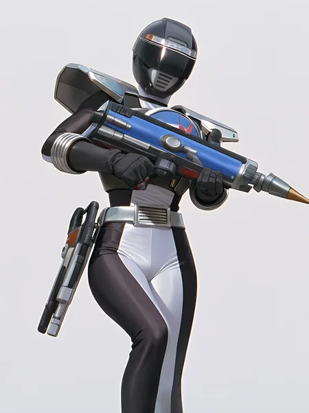 masterpiece, best quality, amazing quality, very aesthetic, absurdres, newest, anime screenshot, anime coloring, uncensored <lora:GoGo_Sentai_Boukenger_CharacterPack:1>tectoblack, robot, solo, tectblk helmet, tectblk armor, tectblk bodysuit, tectblk belt, tectblk gloves simple background,, simple background, white background, fighting stance, looking at viewer, standing, weapon,