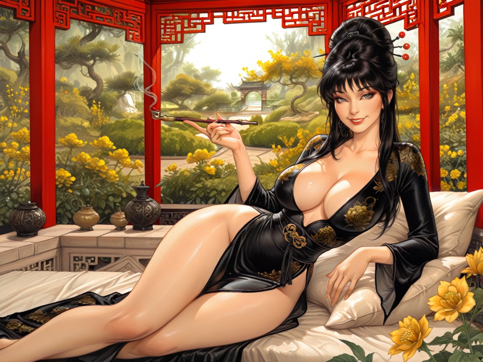 tradchn, ((traditional media, chinese ink artstyle)), 1girl, solo, elviradg, smile, seductive, golden flower pattern, black cheongsam, hairpin, lounging on cushions, relaxing in walled garden, detailed garden, large breasts, wide hips, holding a smoking  pipe, scenery, masterpiece, best quality <lora:tradchn-10Illu:1><lora:王子武25-皇名月45-李吉吉35-伊吹鸡腿子30-刘继卣10-迟迟10:0.85> <lora:Elvira iIlluLoRA:0.85>