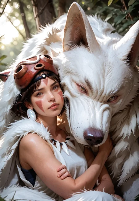 score_9, score_8_up, score_7_up, 1girl, San(/Princess Mononoke)/,(ultra HD quality details), pale skin, brown hair, facepaint, brown eyes, short hair, mask on head,
shiny skin, eye contact, fur cape, crystal necklace, sleeveless_shirt,
tilted angle, moody lighting, p3tl0v3, white wolf, hugging white wolf, dim lighting, medieval fantasy, perfect quality, high quality, photorealistic, sitting BREAK orange and blue hue, (abstract:0.2), expressiveH