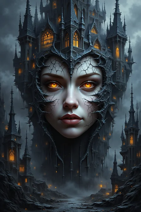 face adorned with, Dark fantasy digital painting showcasing a Gothic castle with spiked towers and intricate architecture, with intricate textures and vibrant colors. The scene should include a rich variety of elements, each contributing to the overall atmosphere. Lighting should be soft, diffused, and natural, enhancing the depth and realism of the scene. The mood is to be calm yet vibrant, creating a sense of serenity and wonder. Every detail in the scene should be meticulously rendered, emphasizing the contrast between light and shadow, and capturing the fine textures and subtle gradients. The color palette should be carefully chosen to evoke emotion, with each hue enhancing the aesthetic appeal of the overall composition. The final image should be immersive and captivating, drawing the viewer into its intricately detailed world.
