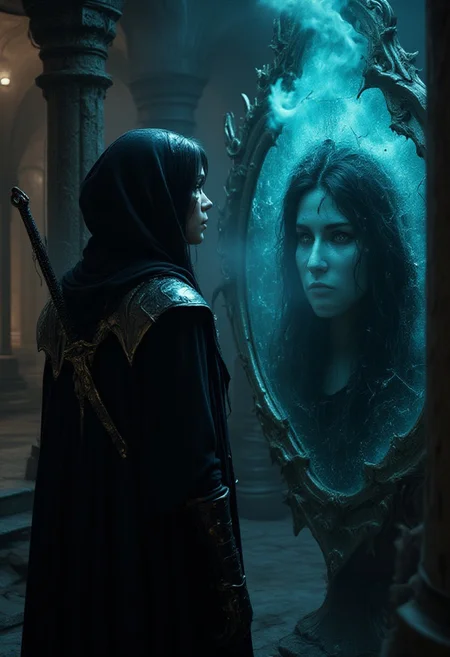Midjourney style, Photorealism, Cinematic style, high fidelity, realism, chiaroscuro, play of shadow and light, rays of light
"A dark and mysterious scene featuring a young woman with black hair, wearing black leather armor and a hooded cloak. She has a sword on her back and is gazing intently at a crumbling, eerie portrait of a face in a cracked mirror. The reflection appears to be fading away, with blue smoke or mist emanating from it. The room is dimly lit, with stone pillars and a gothic architectural style. The mood is intense, with an atmosphere of magic, suspense, and an impending revelation."