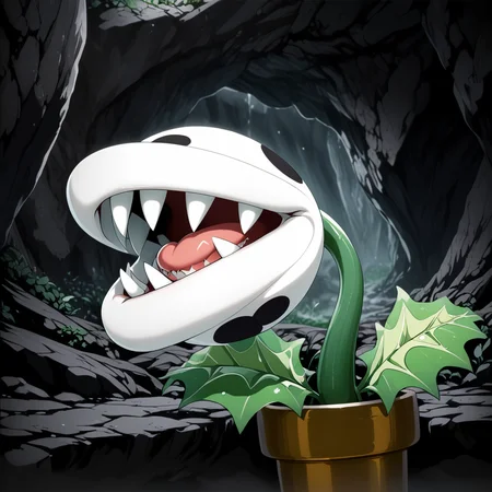 PiranhaPlantXL, white plant, fangs, black spots, underground cave , <lora:PiranhaPlantXL:1>, (anime, masterpiece, intricate:1.3), (best quality, hires textures, high detail:1.2), (4k),(incredibly detailed:1.4),UHD, 8K, ultra detailed