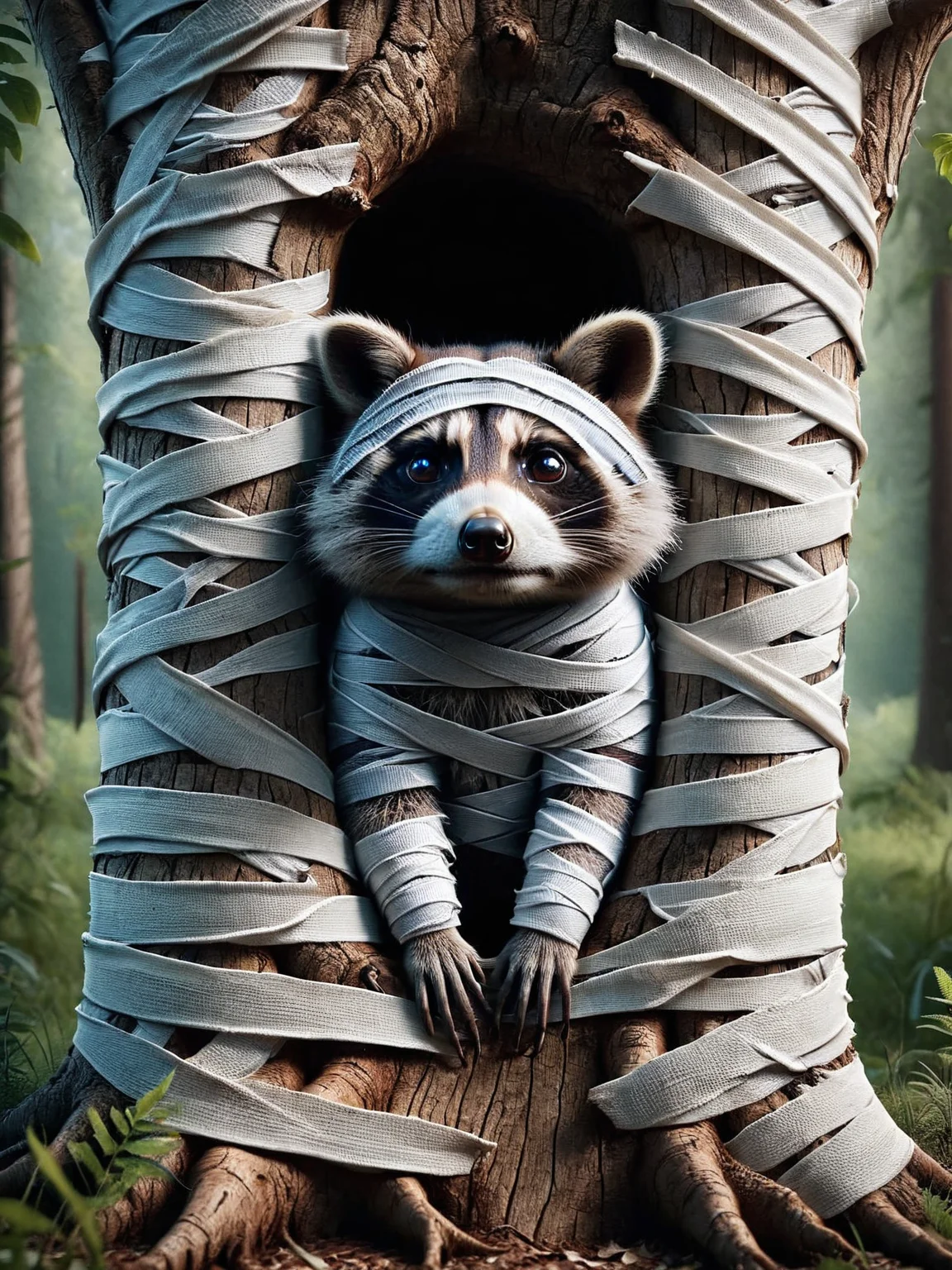 A curious raccoon peering out from an ais-bndgs hollow tree trunk <lora:ais-bndgs-sdxl:1>