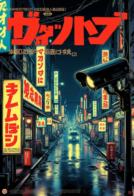 Japanese Manga style Poster with bold large fonts and graphics, Film Noir style, a dimly lit street at night with glowing neon signs, a vintage surveillance camera, slick wet pavement reflecting city lights, distant cars blurred, desaturated colors, an air of mystery and desolation, capturing the lonely urban scene.