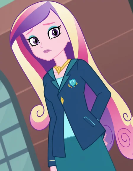 score_9, score_8_up, score_7_up, source_anime, <lora:dean-cadance-movie-ponyxl-lora-nochekaiser:1>, cadance, long hair, very long hair, purple eyes, pink hair, purple hair, multicolored hair, two-tone hair, eyelashes, makeup, eyeshadow, skirt, formal, suit,, dungeon, stone walls, chains, torches, dark, , from below, looking at viewer, solo,, dutch angle, cowboy shot