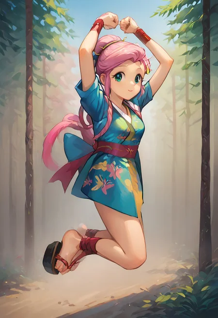 SFW, rating_all, score_10, score_8_up, score_7_up, Equestria girls, (((human))), 1female, (((solo))), (((Fluttershy) cosplaying) as Ayame), short hair, bangs, (pink hair), hair ornament, short sleeves, sidelocks, japanese clothes, kimono, hair bun, (aqua eyes), sash, obi, sandals, single hair bun, rope, hair stick, short kimono, platform footwear, ankle wrap, slender, jumping, arms up, full body, detailed, vector, flat colors