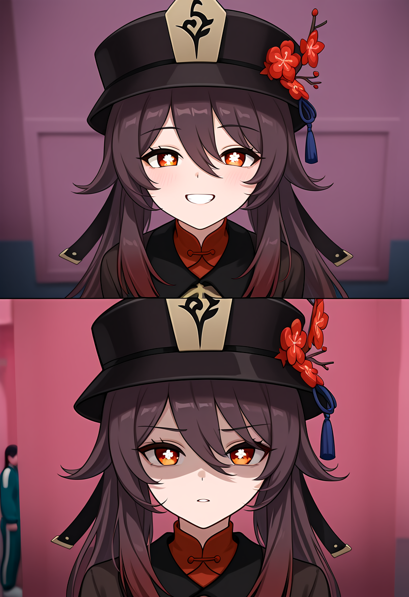 (masterpiece, high quality, amazing detail), highres, before and after, squid game, hu tao \(genshin impact\), partially shaded face, <lora:Before_and_Afer_Joining_Squid_Game:1>
