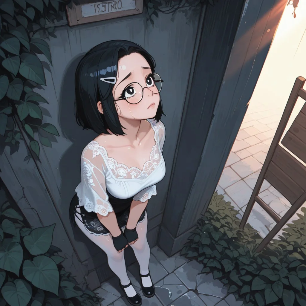 8K,Candid shot of a stunningly girl,Amazing Details:1.4 cinematic lighting,side lightning,colorful,Natural Volumetric Lighting And Best Shadow, Deep Depth Of Field, Chromatic Aberration, Portrait Of Stunningly Beautiful Girl,8K,absurdres, highres,
BREAK,
(perspective, looking up, sad, tears, crying with eyes open, standing, leaning on wall, leaning forward)
BREAK,
1girl, solo, star shaped pupils, black eyes, black hair, short hair, parted hair, straight hair, two-tone hair, black eyelashes, round glasses, hair clip, transparent glasses, short tunic, collarbone, lace floral print, white pantyhose, mary janes, fingerless gloves, medium breasts,
BREAK,
totoro bus stop , studio ghibli backgrounds, warm light, dappled light, sunbeam, fan, gargabe:0.2, dirty wall, wet floor, climbing plants, ruins, brick floor, broken window, sunset, rain, 
BREAK,
(artist:moriimee, possmach,detailed,)