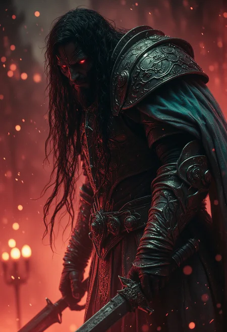 extreme hkevil face closeup movie portrait, FredFraiStyle long haired shrouded Silhouette of a skeleton Knightess with towering billowing Hair and neon turquoise White Cape, Standing Battle ready with powerful thin Long sword, vibrant red/beige Gradient, Highly detailed anime-style close-up action scene of a knight in intricately patterned armor. The focus is on the knight’s sword, showcasing the deep black of light that trails with the swift motion of the weapon, capturing the dynamic speed of the fighter. The scene is set in a misty, fog-filled night with a vibrant color palette with deep blacks. The background is hazy, while motion streaks and dynamic lighting enhance the sense of speed and intensity, with the knight’s glow piercing through the mist.