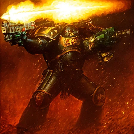 Score_9_up, absurdres, source: GamesWorkshop, grimdark, gothic horror, an adeptus astartes space marine in armor and helmet, he is firing a bolter gun