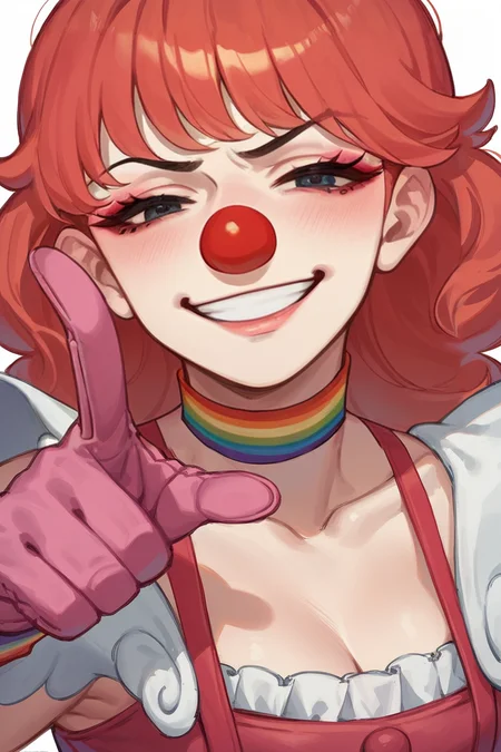 absurdres,high quality,score_9, score_8_up, score_7_up, score_6_up, score_5_up, score_4_up, source_anime,smirk,pointing at viewer,laughing
edgClussy,red clown nose, a woman dressed in a costume with a clown face ,wearing edgClussy
 <lora:edgClussyPony:0.65>