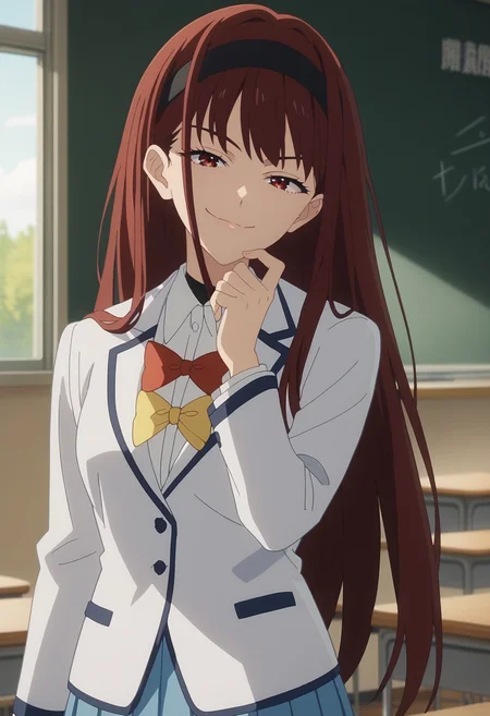score_9, score_8_up, score_7_up, anime screencap, source_anime, 1girl, solo,
<lora:Hibari_Houkobaru_Makeine_V1:.85>, KJOhibari, red hair, red eyes, brown eyes, long hair, black headband,
white school uniform, white jacket, bowtie, light blue pleated skirt,
standing, smug, hand on chin, looking at viewer, head tilt,
classroom,
(Beautiful, medium Breasts:1.2),