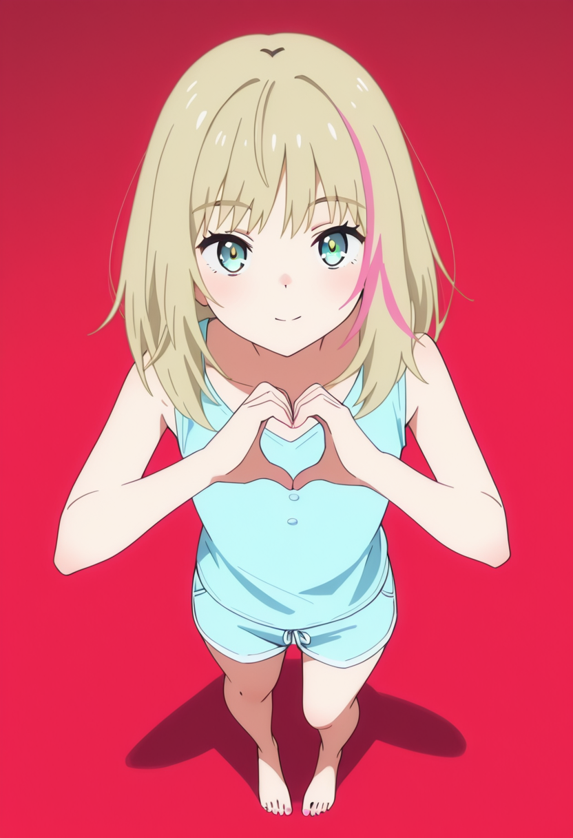 very awa, masterpiece, best quality, year 2024, newest, highres, absurdres,
red background, gradient background, very aesthetic, detailed background, full body,
1girl, solo,  <lora:rika-wondereggIL:0.8> rika kawai, pastet , pastel blue t-shirt, sleeveless,  pastel blue shorts,<lora:anatomy_helper:1>,  barefoot, (from above:1.4),  <lora:lora-add:0.5> toes, nailtoes, heart hands,   <lora:Creative-Angle_v2_NAIXL:1>,creative angle, looking at viewer, standing,