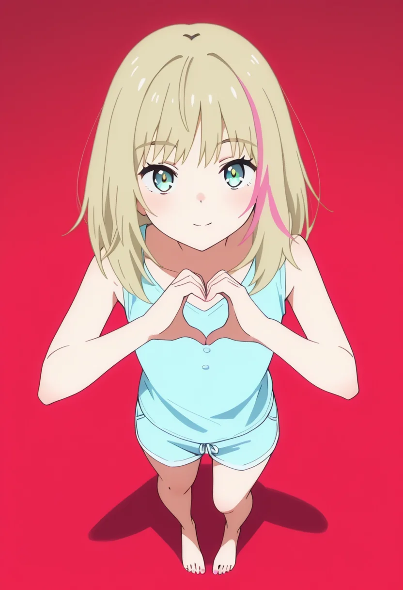 very awa, masterpiece, best quality, year 2024, newest, highres, absurdres,
red background, gradient background, very aesthetic, detailed background, full body,
1girl, solo,  <lora:rika-wondereggIL:0.8> rika kawai, pastet , pastel blue t-shirt, sleeveless,  pastel blue shorts,<lora:anatomy_helper:1>,  barefoot, (from above:1.4),  <lora:lora-add:0.5> toes, nailtoes, heart hands,   <lora:Creative-Angle_v2_NAIXL:1>,creative angle, looking at viewer, standing,