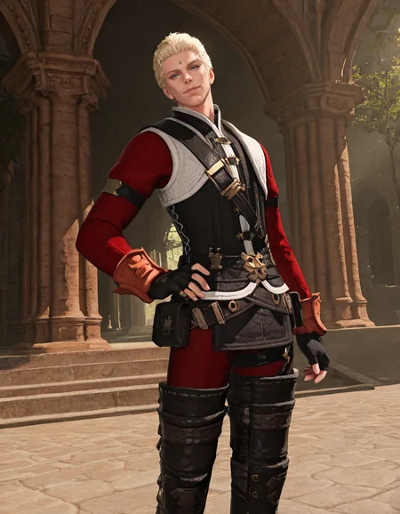 masterpiece, best quality, absurdres, newest, perfect quality, best quality, absolutely eye-catching, detailed background, intricate details, male focus, solo, realistic, <lora:FFXIV - Nero tol Scaeva - Illustrious-000005:0.7>, ffxiv_nero, 1boy, tall male, blue eyes, blonde hair, forehead mark, stubble, red shirt, vest, belt, fingerless gloves, red pants, thigh boots, looking at viewer, head tilt, seductive look