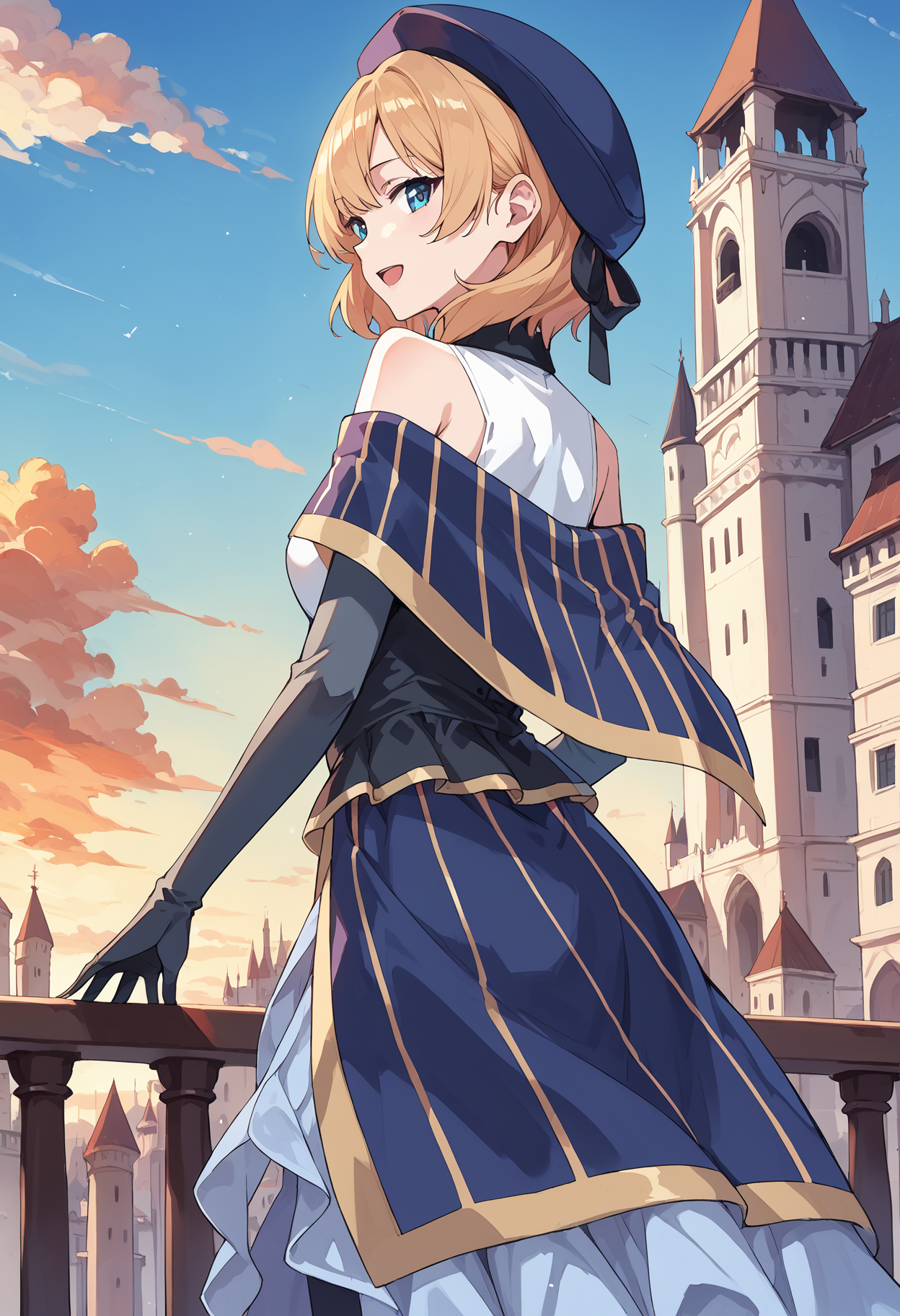 score_9, score_8_up, score_7_up, score_6_up, source_anime, , konosubarain, 1girl, solo, blonde hair, short hair, blue dress,  looking at viewer, elbow gloves, capelet, bare shoulders, , , beret, standing, blue eyes, smile, closed mouth, hat ribbon, ,white leotard,  <lora:konosuba_rain_pony:1> castle, outdoors, orange sky, cityscape,   cowboy shot,  open mouth,  from behind,  looking back,  sunset,  hand on railing,
