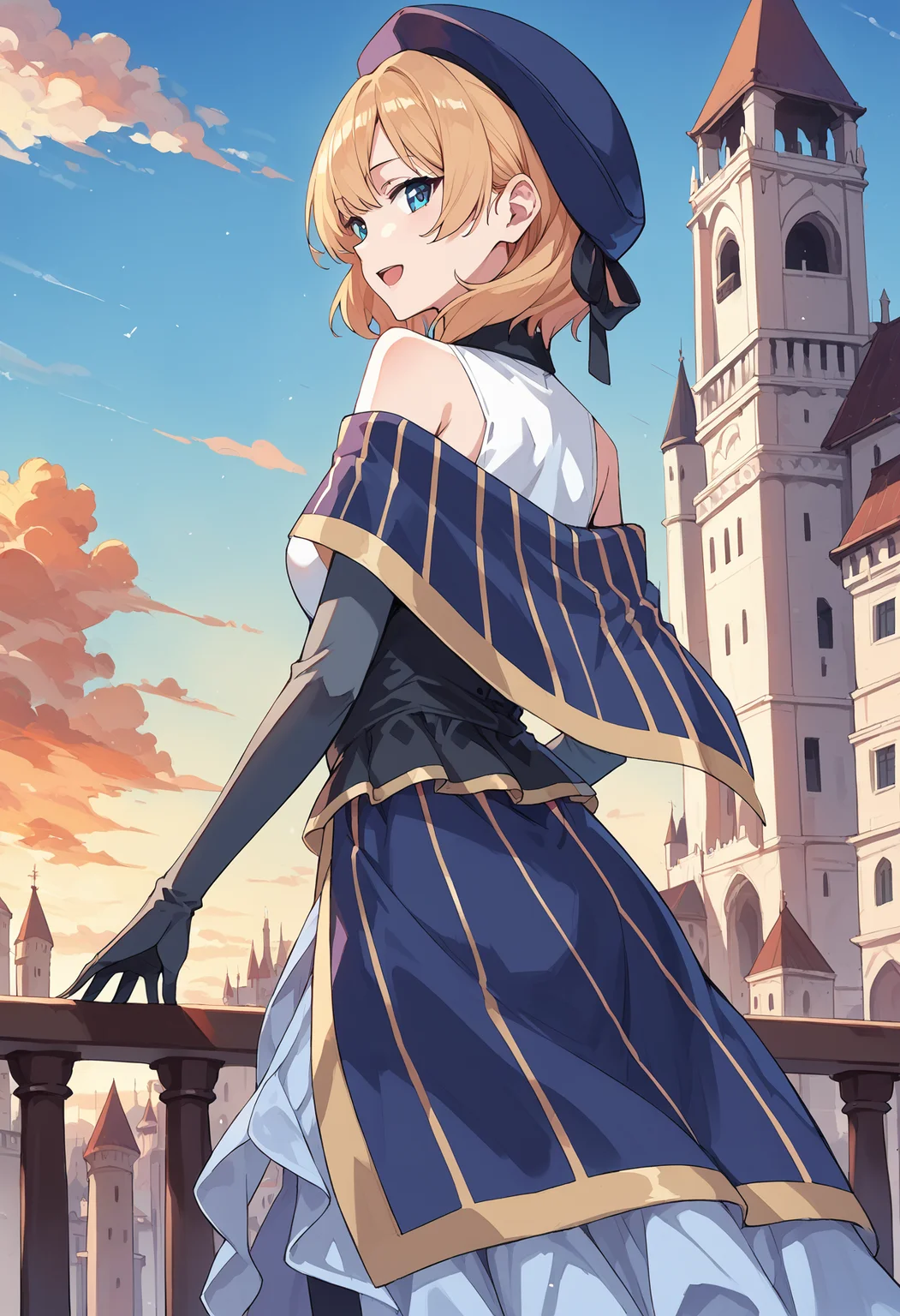 score_9, score_8_up, score_7_up, score_6_up, source_anime, , konosubarain, 1girl, solo, blonde hair, short hair, blue dress, looking at viewer, elbow gloves, capelet, bare shoulders, , , beret, standing, blue eyes, smile, closed mouth, hat ribbon, ,white leotard, <lora:konosuba_rain_pony:1> castle, outdoors, orange sky, cityscape, cowboy shot, open mouth, from behind, looking back, sunset, hand on railing,