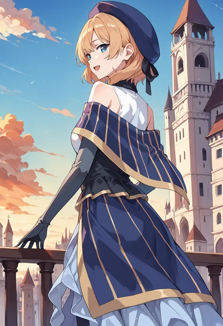 score_9, score_8_up, score_7_up, score_6_up, source_anime, , konosubarain, 1girl, solo, blonde hair, short hair, blue dress, looking at viewer, elbow gloves, capelet, bare shoulders, , , beret, standing, blue eyes, smile, closed mouth, hat ribbon, ,white leotard, <lora:konosuba_rain_pony:1> castle, outdoors, orange sky, cityscape, cowboy shot, open mouth, from behind, looking back, sunset, hand on railing,