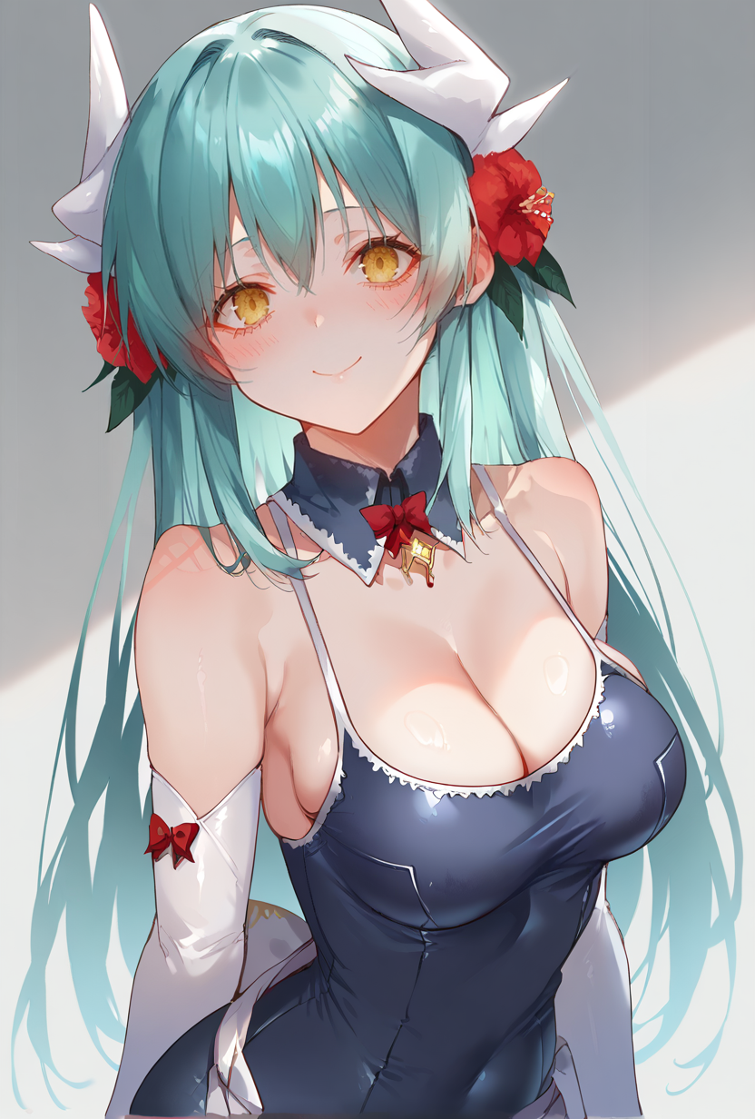 score_9,score_7_up,  <lora:kiyohime_(lancer)_XL_1:1>1girl,  bbkiyo, long hair, aqua hair, white horns, hair flower, red hair flower, yellow eyes, detached collar, cleavage, school swimsuit, blue one-piece swimsuit, elbow gloves, white gloves, white sash, blush, smile,   big breasts, <lora:pottsness-Style-PonyXL-GLoRA-000049:1>