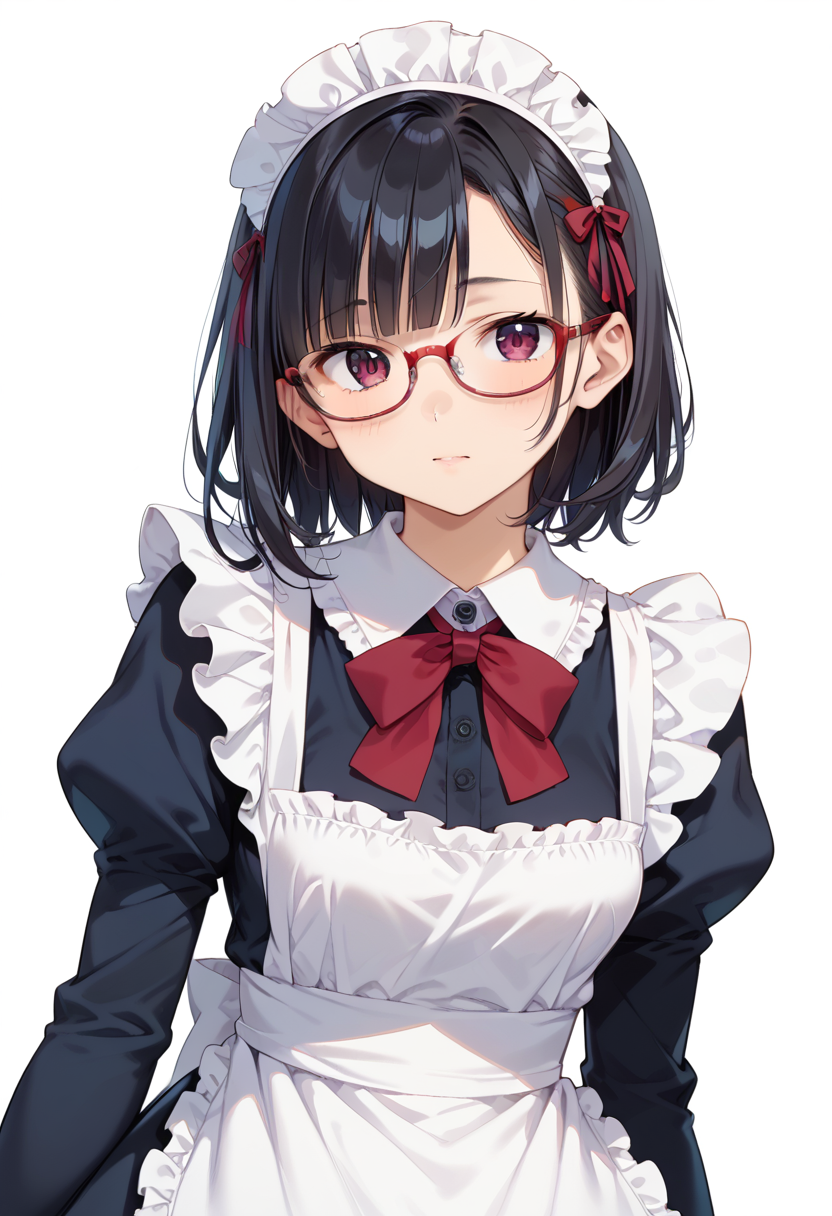 score_9, score_8_up, score_7_up, rating_safe, masterpiece, best quality, absurdres, unity 8k wallpaper, official art, official style, source_anime, uncensored, game cg, megami magazine,
1girl, solo, black hair, medium hair, upper body, covered eyes,maid, maid headdress, black dress, maid apron, face focus,
oval_cell, glasses, still life, white background, simple background, red-framed eyewear,
 <lora:glasses_OvalCell1_PONY_V1:1>