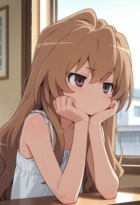 masterpiece,best quality,amazing quality, aisaka taiga, brown hair, long hair, brown eyes, 1girl, solo, head rest, window, bored