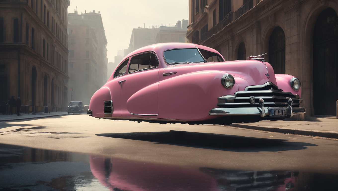 pink hovering car, <lora:Hovering_Car_SDXL_v1:1>Hovering_Car, 1946, city streets, no wheels, (1940s  automobile)  hyper realistic, 16k, cinematic lighting, wide shot, f/3.6, gotham city background, gloomy, haze, perfect composition, beautiful detailed intricate insanely detailed octane render trending on artstation, 8 k artistic photography, photorealistic concept art, soft natural volumetric cinematic perfect light, chiaroscuro, award - winning photograph, masterpiece, oil on canvas, raphael, caravaggio, greg rutkowski, beeple, beksinski, giger