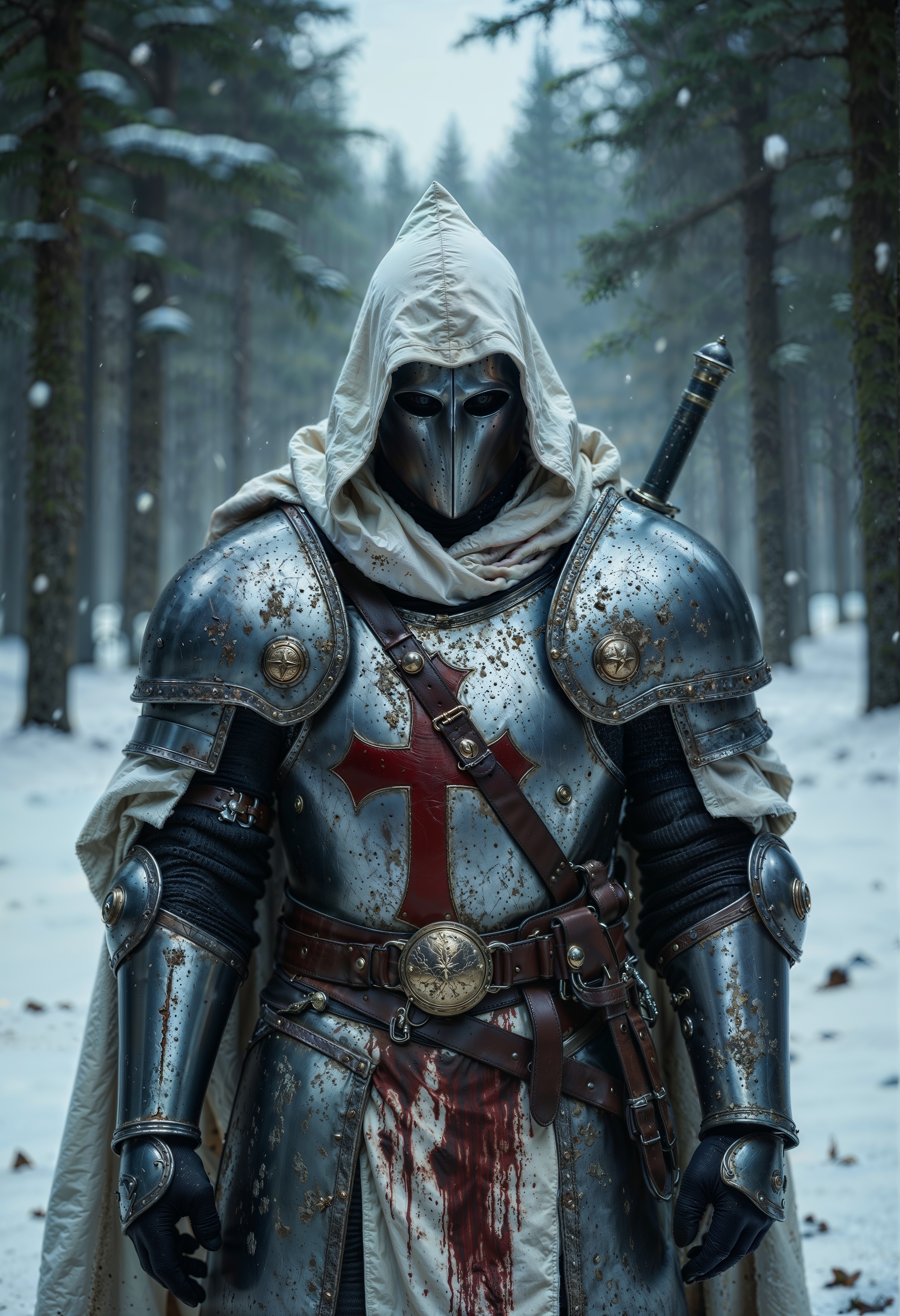 photograph, male, armored knight, medieval armor, full armor, knight costume, white hood, silver helmet, faceless, head mask, blood stains, red cross, white tunic, brown leather belt, sword, sheathed sword, gauntlets, pauldrons, shoulder armor, chainmail, medieval clothing, fantasy, dark atmosphere, forest background, winter, snow, cloudy sky, serious expression, historical reenactment, cosplay, fantasy setting, high contrast, dramatic lighting, detailed armor, weathered armor, battle-worn, medieval warfare, dark fantasy, historical accuracy, realistic costume, outdoor setting, cold weather, knight in armor, realistic texture, high resolution, high detail, intense look <lora:FluxMythR3alisticF:1>