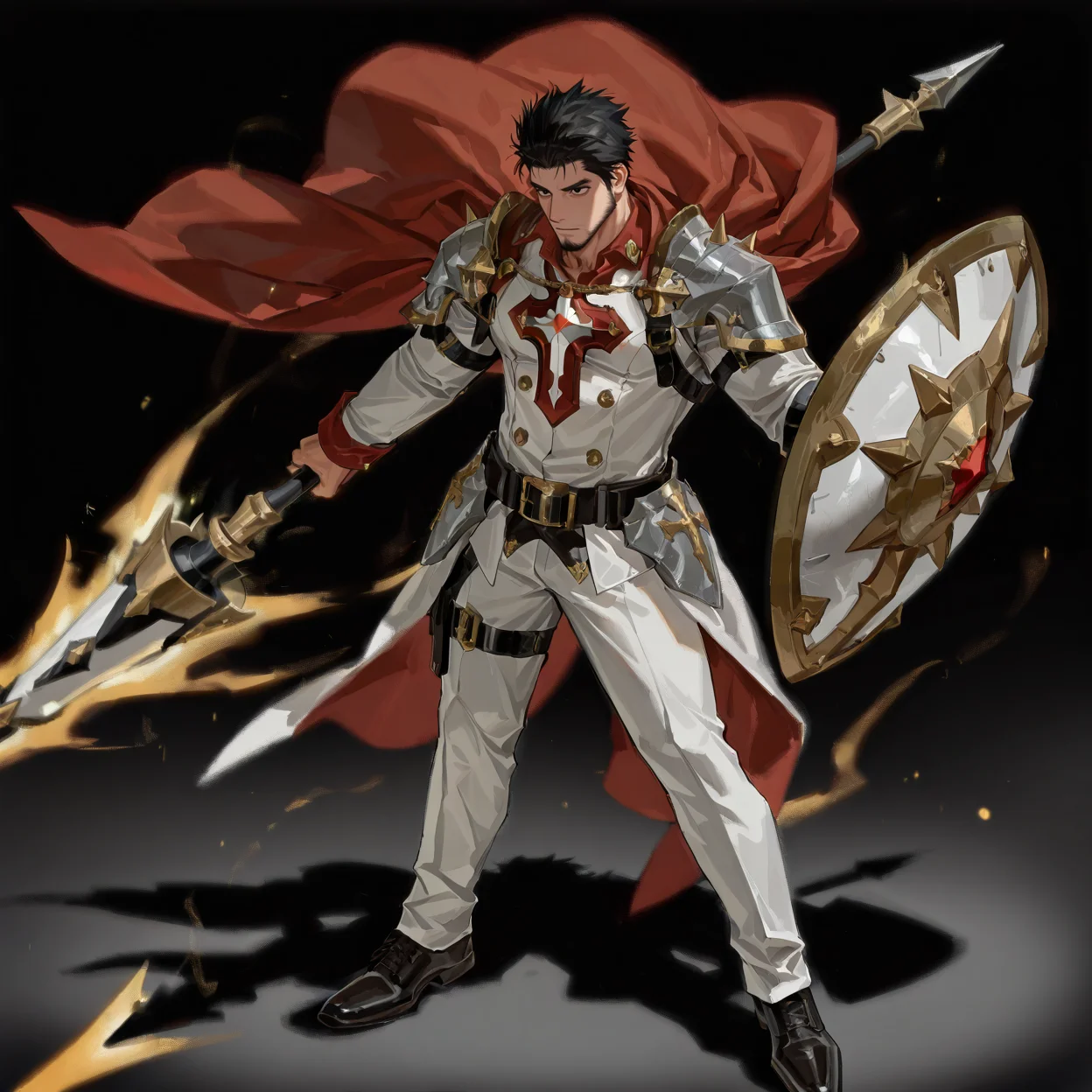 <lora:trial_character_with_less_material-000003:.5> tagatamegerald, mature male, 1boy, middle hair, spiked hair, black hair, black eyes, collared shirt, long sleeve, armor, white pants, cape, shield, spear, shoes, spark, sharp eyes
(very short hair, beard, bara, mature, facial hair, stubble, beard, full beard, sideburn, beard, a lot of beard, ), facial hair,male focus, muscular male, muscular male, bara, mature,  bara, mature, aixiwuganda_(20222192), very awa, masterpiece, best quality, absurdres, newest, perfect quality, detailed background, intricate details,
<lora:slider_Body Type_alpha1.0_rank4_noxattn_last:3><lora:Anime Summer Days 2 Style SDXL_LoRA_Pony Diffusion V6 XL:.6><lora:slider_cfg_scale_boost:.7><lora:Artist6p:.55>, Artist6p, Artist04p,<lora:slider_il_brightness_slider_d1:-1><lora:slider_il_contrast_slider_d1:-1><lora:slider_DarkSlider1.2_alpha1.0_rank16_full_300steps:-.6>