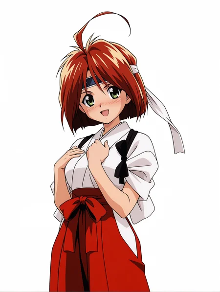 masterpiece,best quality,newest,
1girl,solo,
anime screencap,<lora:hinageshi_ilxl_v1.1:1>,hinageshi,ahoge,green eyes,h_b_clothes,headband,miko,sleeves rolled up,tasuki,red hakama,
<lora:Fixhands_anime_bdsqlsz_V1:1>,looking_at_viewer,face_focus,light_blush,white_background,simple_background,front view,portrait,standing,cowboy_shot,breast suppress,:d,