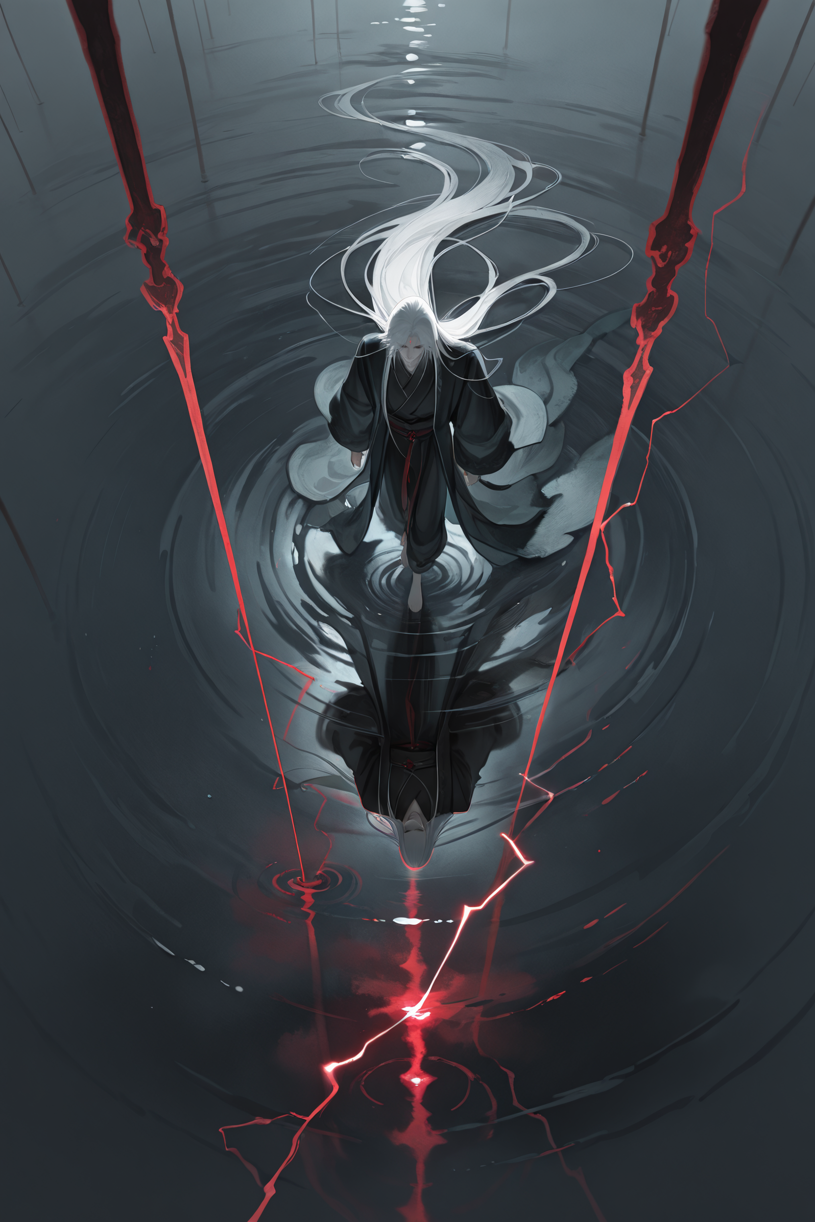masterpiece, best quality, very aesthetic, newest, absurdres, highres,
<lora:YuYuHuadiaoIllustriousV1:1> yuyuhuadiao,
1boy, solo, 
fog, mystical atmosphere, water, reflection, dark background, red lightning,
barefoot, black hanfu, from above, very long hair, jewelry, white hair,