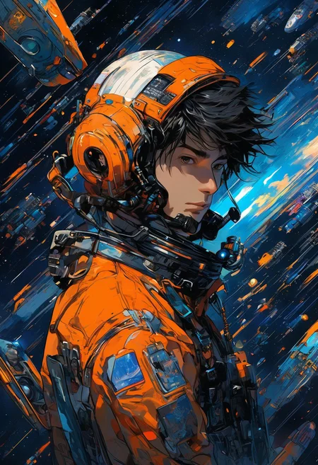 cyberpunk a handsome young man in space, actual 2020's, orange, black, blue, science fiction, rockpunk, Tatsuki Fujimoto, James Jean,  Gege Akutami.