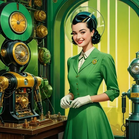 score_9, score_8_up, score_7_up, robot, robotics, micronics, android, retro-futurist, automatic, assembly, illustration, solo, 1girl, smiling, black hair, hour glass figure, makeup, wearing a layered green blouse, dress, jacket, hat, elegant, fantasy, vibrant colors, intricate details, fantasy, masterpiece, detailed