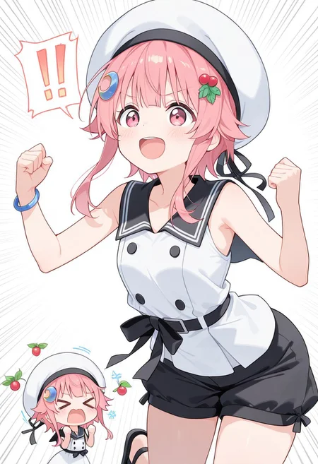 score_9,score_8_up,score_7_up,source_anime,best quality,masterpiece,uncensored, (1 girl solo, long sidelocks, curvy sidelocks, pink eyes, pink hair, petite, short girl, young, blue crescent hair ornament, hair ornament, berry), dynamic pose, happy, Hashino Mizhua_summer uniform, white dress, white headwear, white waist bow, black sandals, black shorts, sleeveless, black sailor collar, berry, black buttons, black belt, puff shorts, bracelet, leaning forward, hands up, clenched fists, open mouth, screaming, ((>_<, >< eyes)), speech, happy, voice, motion lines, chibi, upper body,